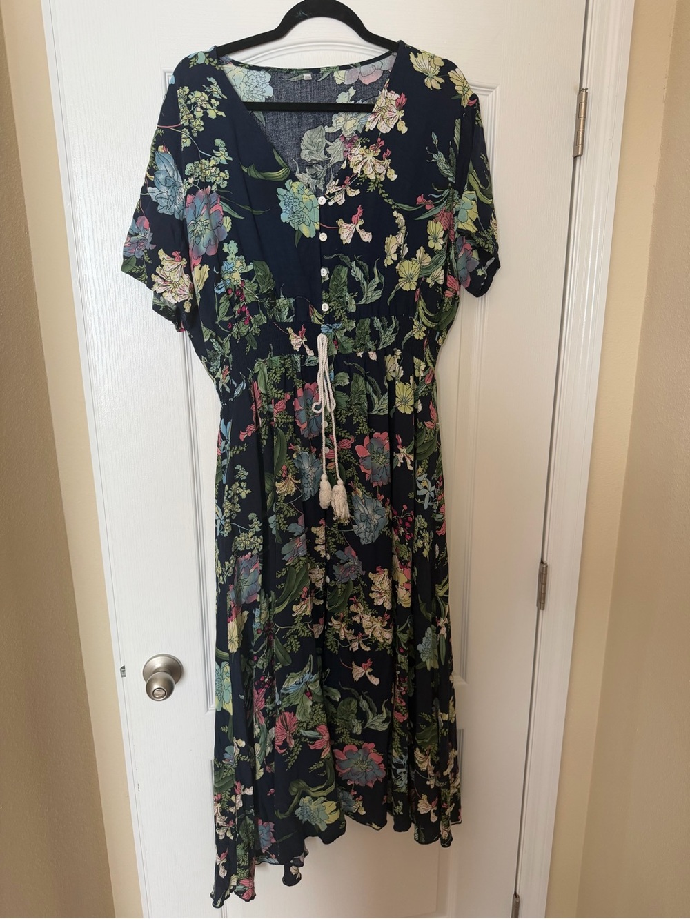 Floral Tie-Waist Midi Dress in Navy